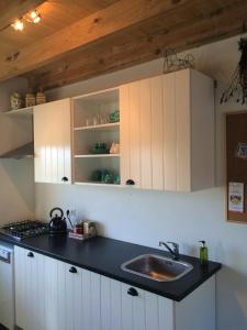 CothenBoerengastenverblijf De Kromme Rijn的厨房配有白色橱柜和水槽