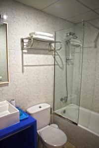 布拉内斯米兰达旅馆 的带淋浴、卫生间和盥洗盆的浴室