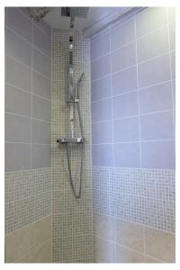 Feux拉格兰戈奥克斯迪美思度假屋的浴室设有蓝色和白色瓷砖淋浴。