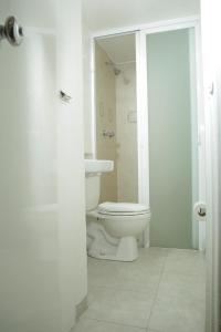 墨西哥城卡萨冈萨雷斯酒店的白色的浴室设有卫生间和水槽。