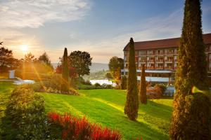 巴德瓦尔特斯多夫德斯特勒霍夫Spa酒店的享有带草坪和树木的建筑景致