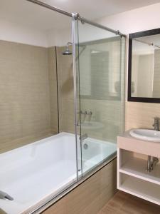 波帕扬Hotel Villa Blanca的带淋浴、浴缸和盥洗盆的浴室