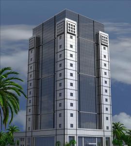 胡富夫Al Ahsa Grand Hotel的一座高大的白色建筑,前面有一棵棕榈树