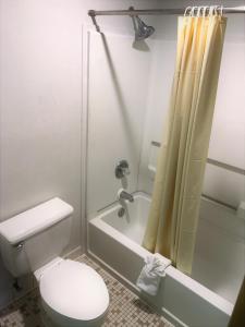 堪萨斯城堪萨斯城美国酒店，KS的一间带卫生间和淋浴帘的浴室