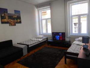 埃格尔Akos Apartman的一间带两张床和电视的客厅