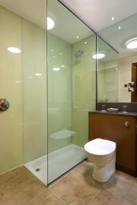 KinghornThe Bay Hotel的一间带卫生间和玻璃淋浴间的浴室