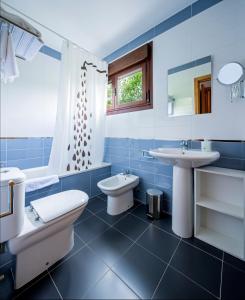 阿里纳斯·德·卡伯瑞勒斯埃尔卡西古公寓的蓝色的浴室设有水槽、卫生间和浴缸。