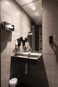 布鲁塞尔城市市中心旅舍的一间带水槽、镜子和卫生间的浴室