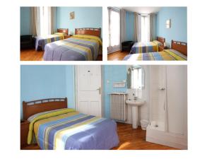 莱昂巴戎寺旅馆的卧室两张照片,配有两张床和一个水槽