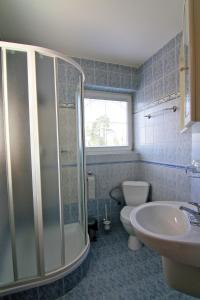 利普托斯基米库拉斯Guest House Maxim的带淋浴、卫生间和盥洗盆的浴室