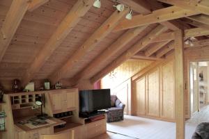 茨维泽尔Haus Farbenklang的客厅设有木制天花板和平面电视。