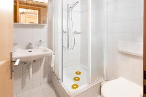 格林德尔瓦尔德博格曼晨酒店的带淋浴、卫生间和盥洗盆的浴室