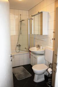 科隆Apartment Köln Weiden的浴室配有卫生间、盥洗盆和淋浴。