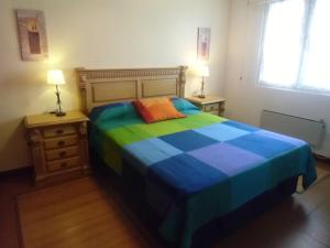 阿霍Apartamento Ajo的一间卧室配有一张色彩缤纷的床和2个床头柜。