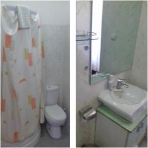 马普托The Quiet Corner Guest House的浴室的两张照片,配有卫生间和水槽