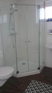 Eernewoude比鲍克伊住宿&早餐旅馆的一间带卫生间的浴室内的玻璃淋浴间