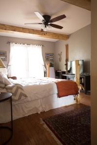 洛斯阿拉莫斯Pueblo Canyon Inn的一间卧室配有一张床和吊扇