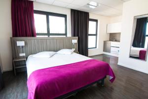 泰昂维泰昂维郁金香公寓式酒店的一间卧室配有一张大床和紫色毯子