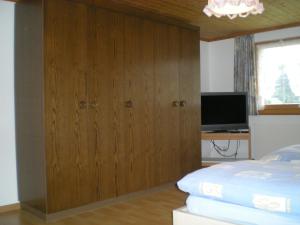 Urnäsch桑蒂斯布里克公寓的一间卧室设有大木门和电视