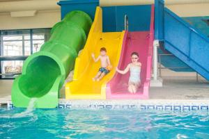 法利鸦巢大篷车旅店的两个孩子在游泳池滑梯上玩耍