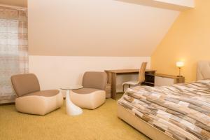 新博尔Golf Resort Česká Lípa的一间卧室配有一张床、两把椅子和一张书桌