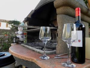 莫尼加卡洛塔别墅公寓的石桌旁的一瓶葡萄酒和两杯酒