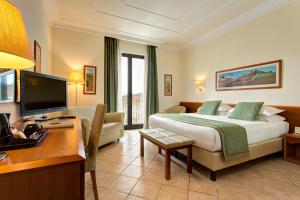 锡耶纳雅典娜酒店的酒店客房配有一张床、一张书桌和一台电视。
