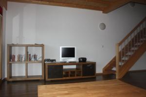 贝特默阿尔卑瓦卡蒂普旅舍的客厅设有位于台面和楼梯的电视