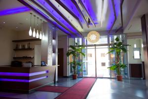 乌尔齐尼Hotel Blue Moon的大堂拥有紫色灯光和盆栽植物