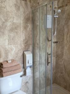 多尼戈尔大西洋旅馆的带淋浴的浴室以及带玻璃门的卫生间。