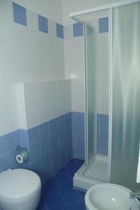 格罗塞托港卡夫普里斯科公寓的蓝色和白色的浴室设有卫生间和淋浴。