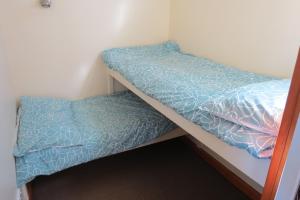 卡斯尔梅恩巴特沃思度假屋的小客房内的两张床,配有蓝色的床单