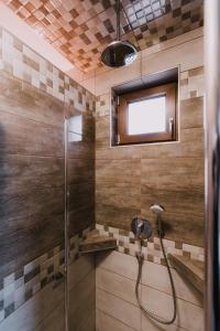 莫劳豪洛姆Németh Apartmanházak的带淋浴的浴室和玻璃门