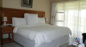 丹地Mountain View Guest House的卧室设有一张白色大床和一扇窗户。