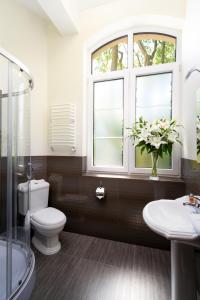 马佐夫舍地区新庄园莫德林宫酒店的一间带卫生间、水槽和窗户的浴室