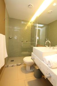 里约热内卢Link Stay Flats的带淋浴、卫生间和盥洗盆的浴室