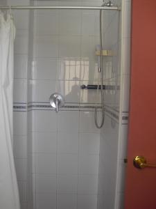 滨海罗克塔斯佩德罗胡安膳食公寓酒店的带淋浴的浴室,带玻璃门