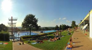 Asbach-Bäumenheim多瑙河之星公寓式酒店的一群人坐在游泳池边的草地上