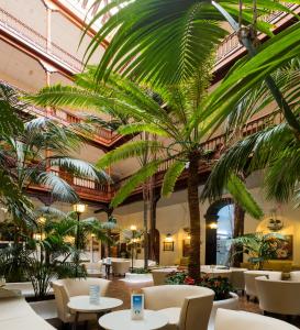 拉克鲁斯莫纳波尔酒店的一间种有棕榈树和桌椅的餐厅