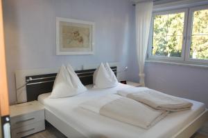布利克森塔勒Ferienwohnung Gabriele的白色的床、白色枕头和窗户