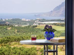 莱弗考基亚Modish Villa in Lefkogia Crete with Swimming Pool的一张蓝色的花瓶,坐在桌子上,放着书和玻璃