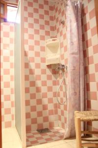 瓦尔扎扎特Maison d'hôtes Dar El Nath的带淋浴的浴室和粉红色的墙面