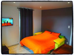 EllezellesComfy holiday home with terrace in Ellezelles的一间卧室配有一张带橙色棉被的床和电视。