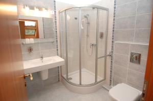 埃格尔图恩迪尔帕特旅馆的带淋浴、盥洗盆和卫生间的浴室