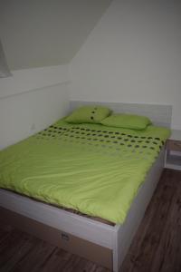 卡特兹奥布萨维Borovnica Čatež的一张带绿色床单和绿色枕头的床