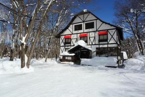 白马村Hakuba Skala Inn的雪中黑白的房子