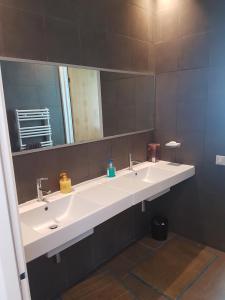 布兹尼盖Eden Island Villa - Bouznika的一间带两个盥洗盆和大镜子的浴室