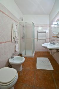 韦尔切利蓝带酒店的浴室配有卫生间、淋浴和盥洗盆。