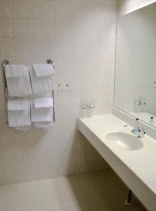 库奥皮奥Spa Hostel Kunnonpaikka的浴室配有盥洗盆、镜子和毛巾