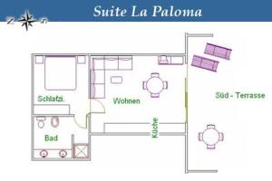 ChíoSuite Paloma Finca Montimar的小型公寓的平面图,设有房间